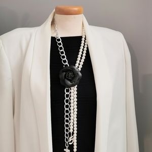 Long white Pearls Necklace, black Camellia necklace, number 5 parfume bottle cha